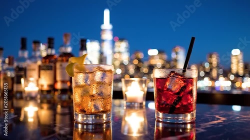 Two cocktail drinks with ice on a marble bar counter at a rooftop lounge with a blurred New York City skyline at night