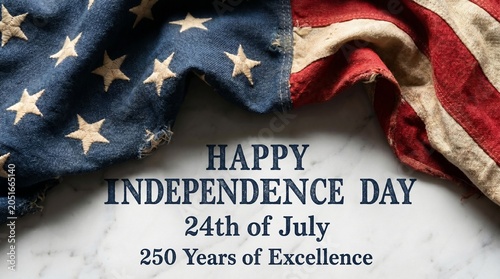 Happy independence day 24th of july 250 years of excellence with a vintage american flag on a marble surface