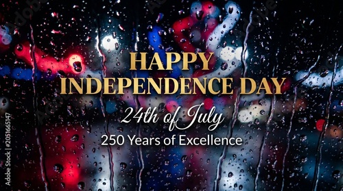 Happy independence day 24th of july 250 years of excellence greeting card with rain drops on window glass and bokeh city lights background