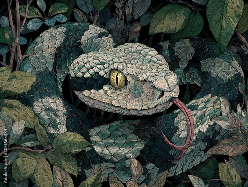 Detailed Illustration Of Snake Coiled In Lush Green Foliage With Tongue Out Wild And Mysterious Reptile Slithering Predator Among Leaves Plants In Natural Habitat