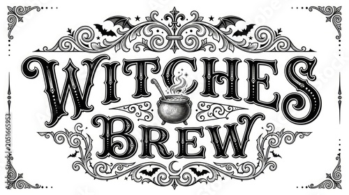 Spooky halloween witches brew sign with bats and cauldron