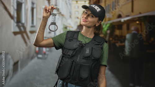 Quadro su tela Blonde woman police officer holds handcuffs aloft with hand visible in narrow street, wearing tactical vest and cap; confidence duty