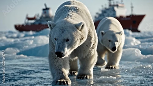 Two polar bears walking on sea ice with a large red icebreaker ship in the background in the Arctic