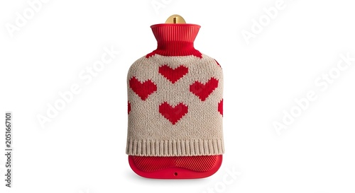 Red hot water bottle with beige knitted cover decorated with red hearts on white background