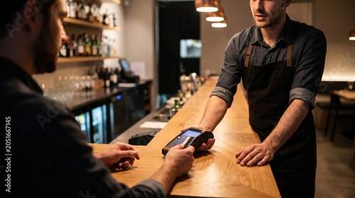 Customer paying with credit card at bar using portable payment terminal, modern POS system for secure transactions in a restaurant or cafe
