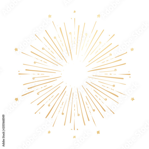 Golden hand-drawn sunburst with stars on white background