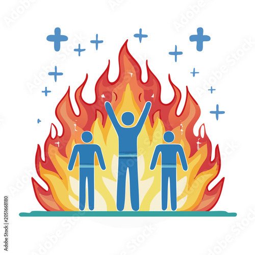 People celebrating in front of a large fire