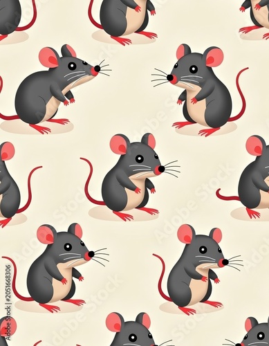 Seamless pattern with small mice and rats in different poses, flat design, pastel colors, perfect for textile or packaging