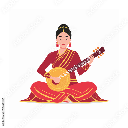 Woman in traditional Indian attire playing a sitar