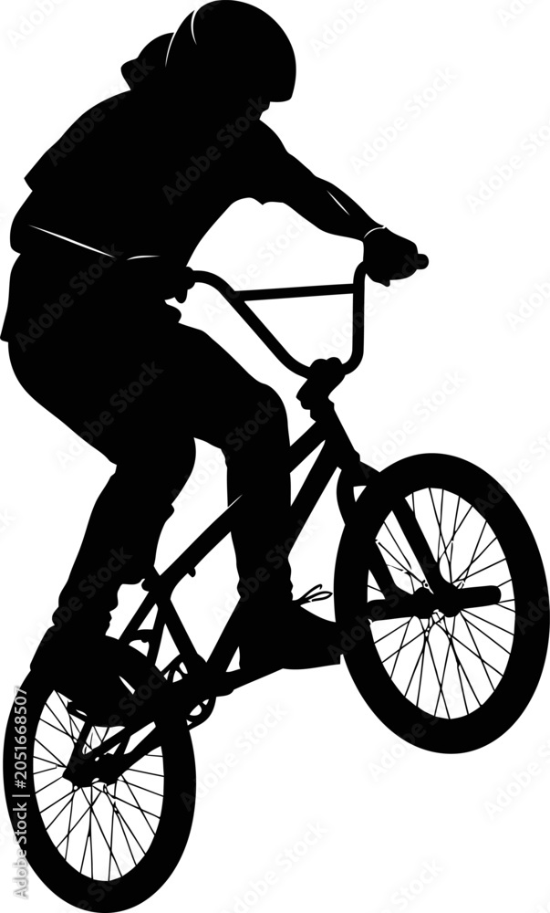 Naklejka premium Silhouette of a cyclist performing a stunt on a bmx bike with silhouette transportation lifestyle exercise