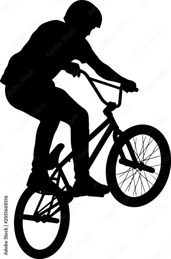 Naklejka premium Cyclist performing a trick on a bmx bicycle silhouette with silhouette freestyle recreation transport