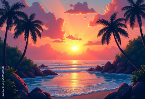 Sunrise over tropical island with palm silhouettes, vibrant colors, serene atmosphere