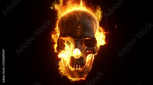 Fiery human skull animation with flames dancing on black background