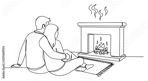 Fotografia Couple sitting by fireplace continuous line drawing, cozy home atmosphere winter