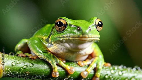 Vibrant green tree frog with orange eyes perched on a wet branch in a tropical rainforest