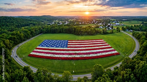 Patriotic American flag made of flowers in green field at sunset