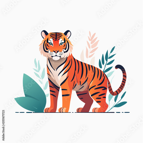 Stylized Tiger Illustration with Tropical Leaves