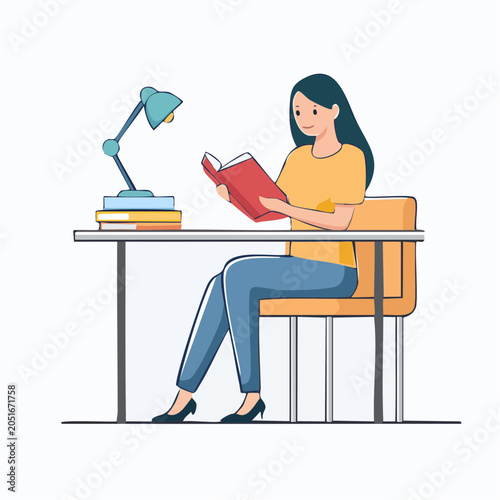 Woman Reading Book at Desk with Lamp