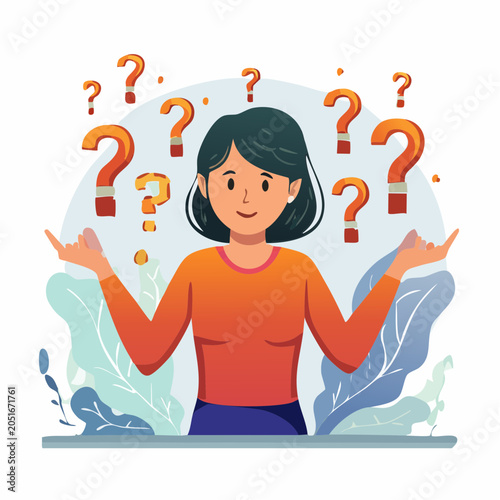 Woman surrounded by question marks, symbolizing confusion or inquiry