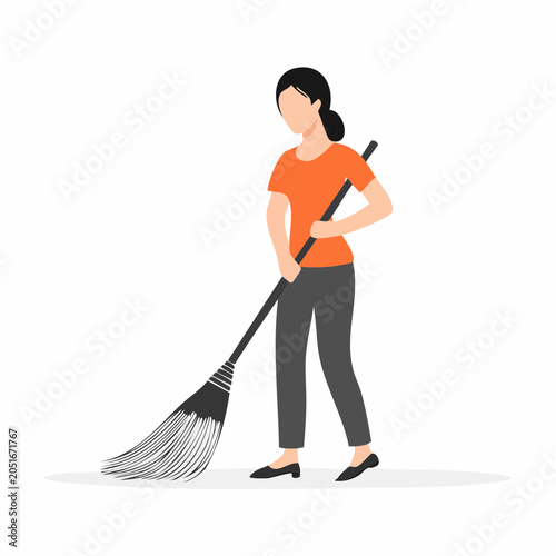 Woman Sweeping Floor with Broom