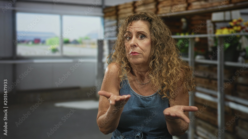 Fototapeta premium Woman in denim dress shrugs with palms up and open hands amid wooden crates and shelving in an indoor storage building; uncertainty.