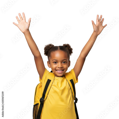 Happy girl with backpack raising hands