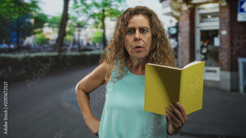 Schilderij op canvas Woman middle aged hispanic holding yellow book in right hand, left hand on hip, speaking or reading aloud while standing on a street near a shop entrance; serious concern
