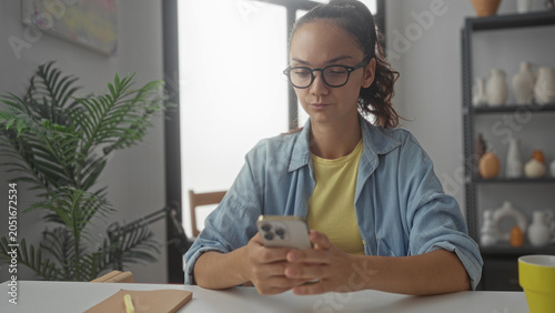 Tableau sur toile Woman holds smartphone with one hand and pinches fingers near temple while frowning at screen in studio; everyday frustration