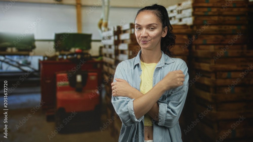 Fototapeta premium Woman standing with arms crossed next to a red forklift and wooden pallet stacks in a storage building; confidence resilience teamwork.