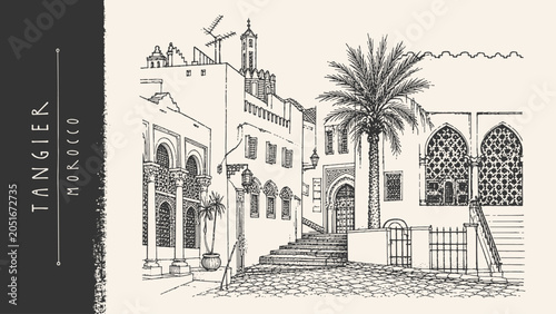 Tangier Morocco medina sketch postcard. Ancient Arab city, mosque, palm tree, historic house, ornate doors and windows. Vintage hand drawn vector illustration, Islamic architecture. Moroccan travel bg