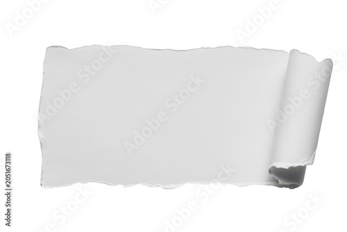A single sheet of white paper with a torn edge and a curled corner isolated on a solid black background, view of a blank stationery page