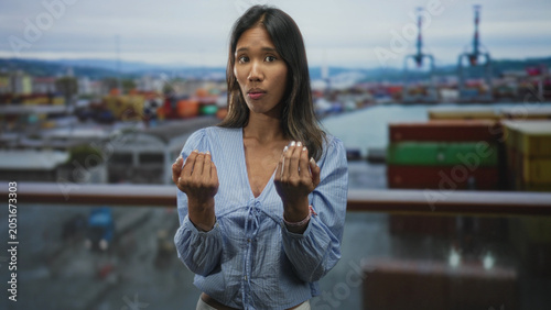Foto Thai woman brunette in blue blouse showing hands and points finger to camera on a cargo port balcony with containers and cranes visible; pleading appeal