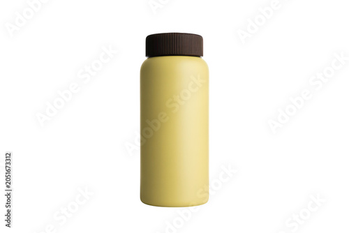 A single yellow plastic bottle with a dark brown screw cap, isolated on a black background, studio shot of a cylindrical container