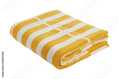 A soft folded beach towel with yellow and white horizontal stripes, isolated on a white background, for summer vacation, and pool accessories