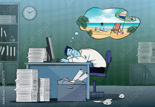 Принти на полотні Tired businessman or manager sleeping at office desk and dreaming about beach vacation, work stress and burnout concept vector illustration