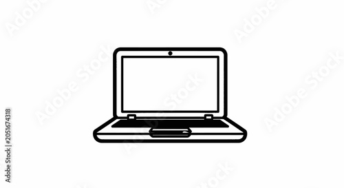 Minimalist black and white laptop computer icon, thin line art notebook device symbol, technology and digital illustration