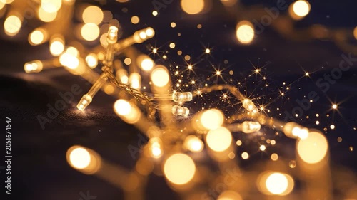 Warm golden fairy lights string on dark fabric with soft bokeh and sparkling stars background