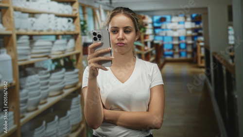 Canvas Print Young woman holding smartphone with arms crossed in home decor store aisle, pouting with closed eyes; shopping annoyance