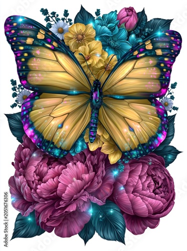 Detailed digital illustration of a yellow butterfly on pink peonies. Vibrant floral design with colorful blossoms and sparkling light effects isolated on white background