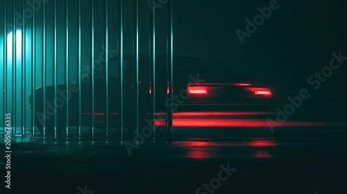 Dark silhouette of a modern car with red taillights, seen through metal bars