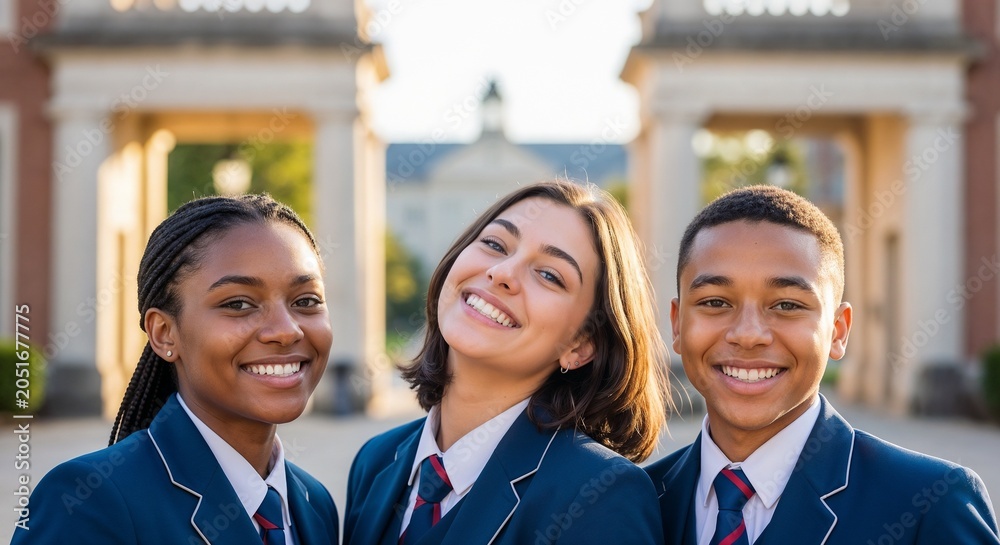 Fototapeta premium Student group in school uniforms smiling in front of educational institution. Enthusiastic students show camaraderie with joyful expressions outside school gates.