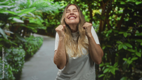 Slika na platnu Middle age hispanic woman with clenched fists smiling on a forest path in white tshirt and long hair visible, celebrating a small victory; joy triumph