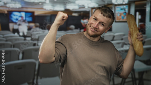 Tableau sur toile Man caucasian young heavyset holding a baguette and raising fist in building art gallery with rows of chairs and framed paintings, smiling; joy humor
