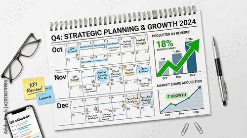 Business calendar showing fourth quarter planning with charts and growth arrows, isolated on transparent background, realistic office objects, corporate strategy concept