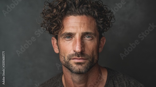 Studio portrait of a man with a neutral expression on a plain gray backdrop, head-and-shoulders composition