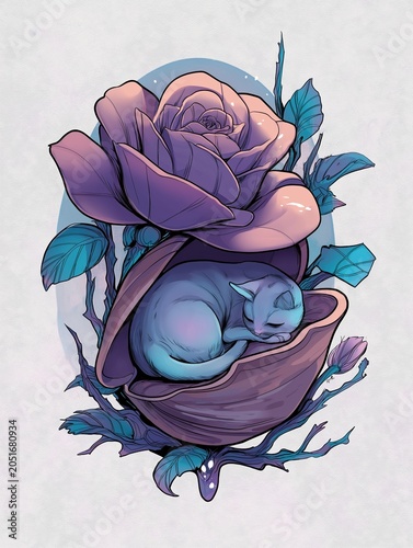 Fantasy illustration of a blue kitten sleeping in a purple rose. Whimsical cat character resting in floral petals. Artistic drawing with cool color tones