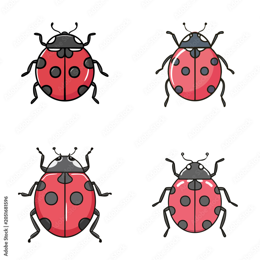 Fototapeta premium Set of adorable ladybugs with spots and antennae in cartoon style