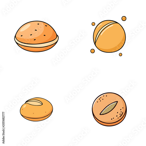 Set of four cartoon style bread rolls and buns with different toppings and fillings