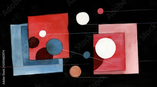 Abstract watercolor painting with geometric shapes on black background. Modern composition of red and blue squares with circles and lines. Cosmic diagram style illustration