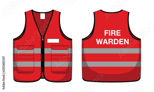 Canvas Print Fire Warden Reflective Safety Vest Collection in Flat Style, Red Fluorescent Sec